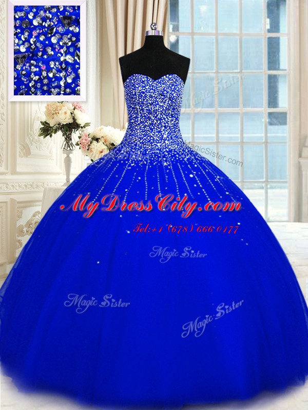 Royal Blue Ball Gowns Sweetheart Sleeveless Tulle Floor Length Lace Up Beading Vestidos de Quinceanera