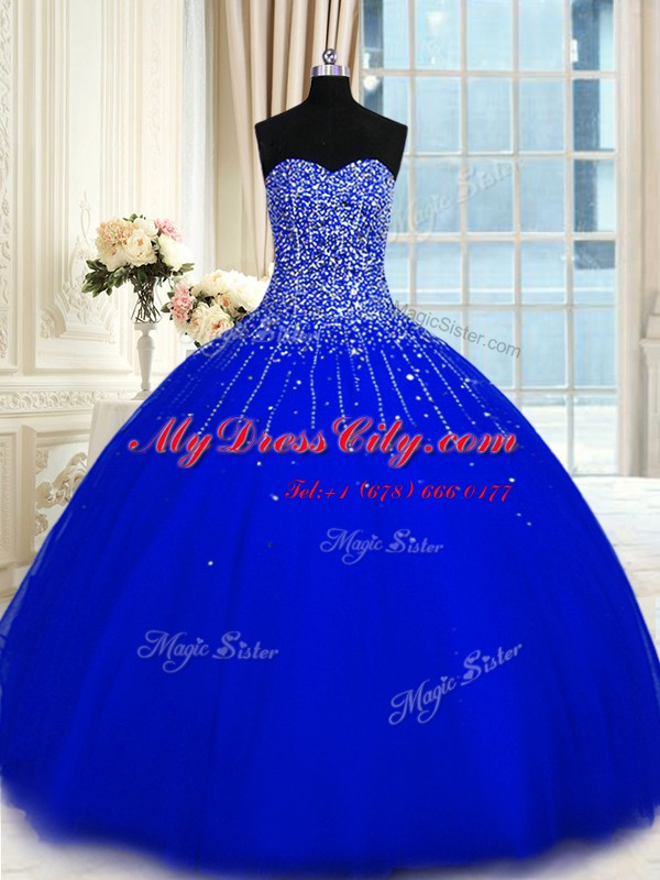 Royal Blue Ball Gowns Sweetheart Sleeveless Tulle Floor Length Lace Up Beading Vestidos de Quinceanera