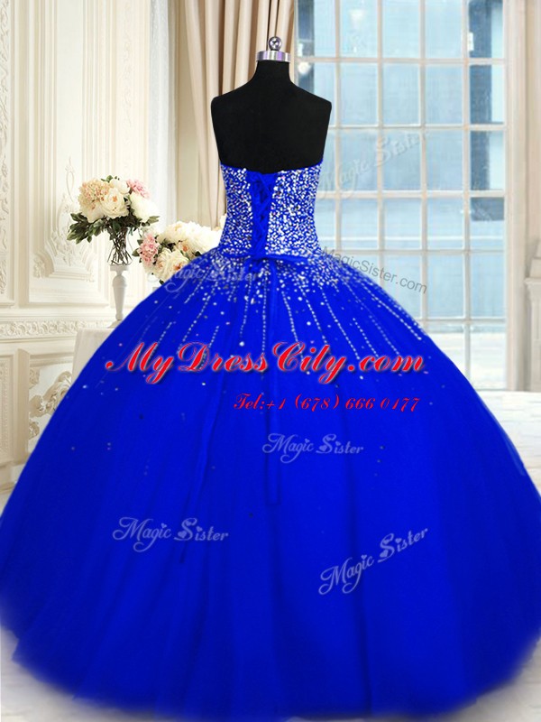 Royal Blue Ball Gowns Sweetheart Sleeveless Tulle Floor Length Lace Up Beading Vestidos de Quinceanera