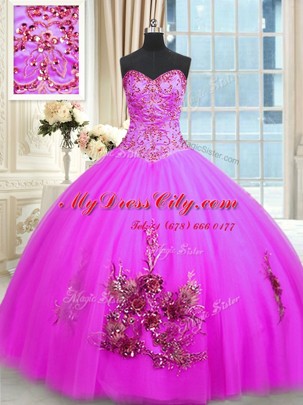 Charming Fuchsia Sweetheart Neckline Beading and Appliques and Embroidery 15 Quinceanera Dress Sleeveless Lace Up