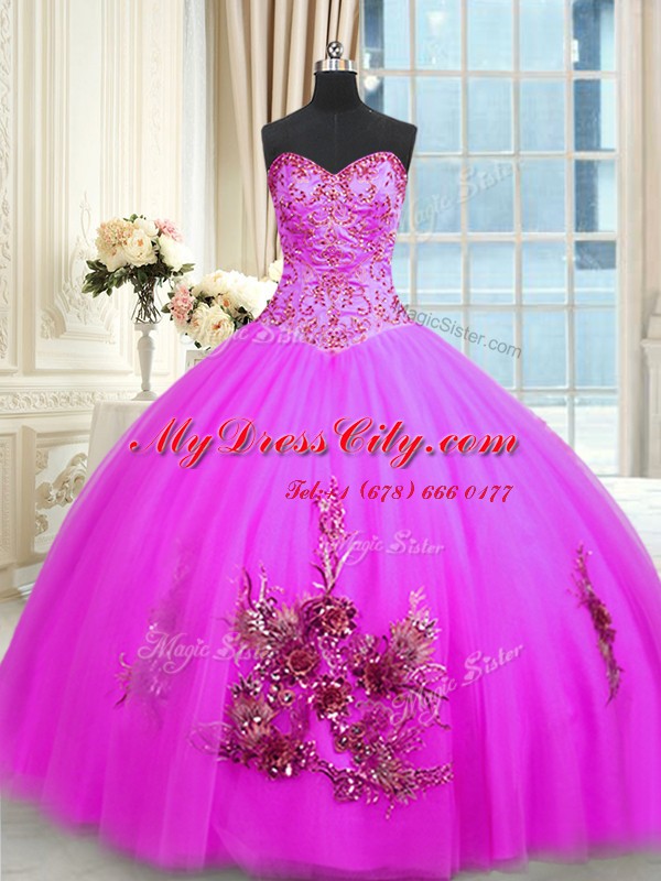 Charming Fuchsia Sweetheart Neckline Beading and Appliques and Embroidery 15 Quinceanera Dress Sleeveless Lace Up