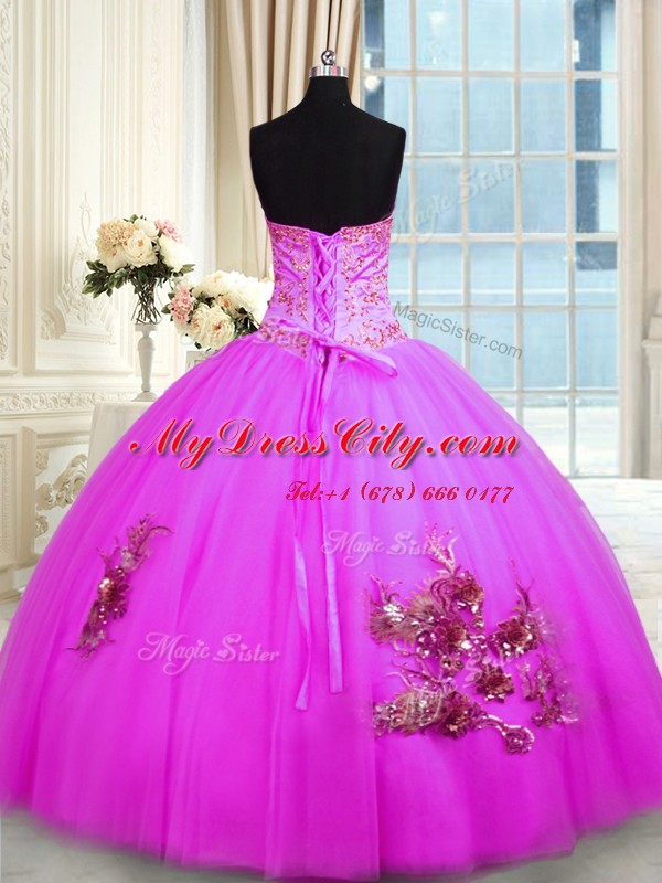 Charming Fuchsia Sweetheart Neckline Beading and Appliques and Embroidery 15 Quinceanera Dress Sleeveless Lace Up