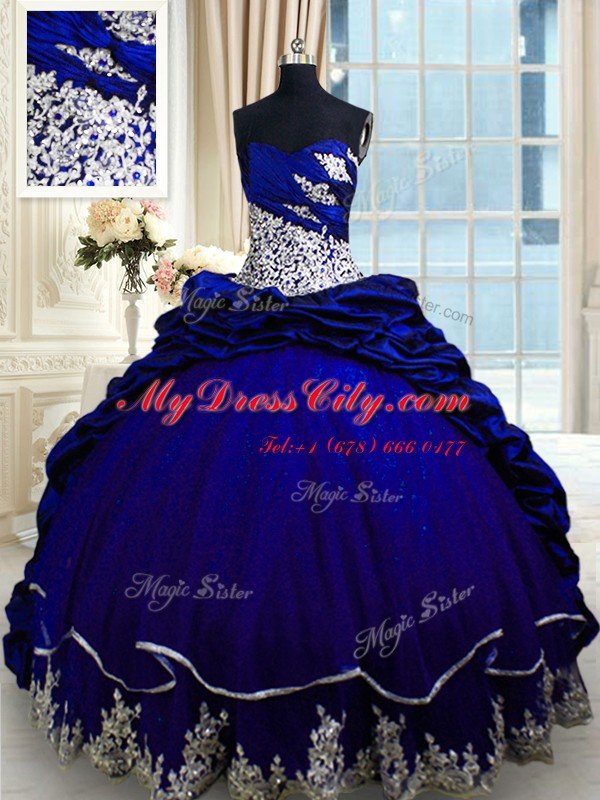 Custom Fit Royal Blue Lace Up Quinceanera Dress Beading and Appliques and Pick Ups Sleeveless Brush Train