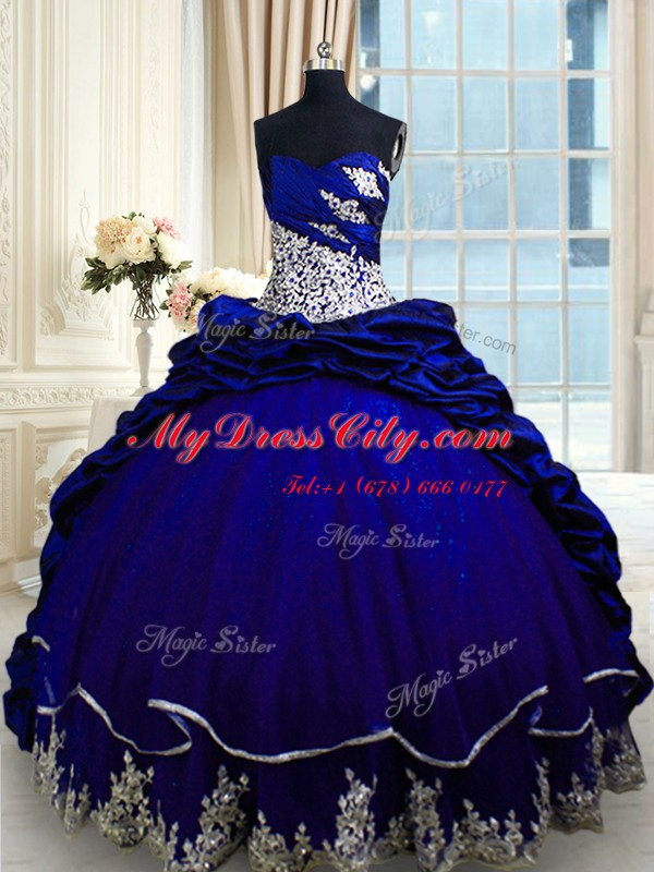 Custom Fit Royal Blue Lace Up Quinceanera Dress Beading and Appliques and Pick Ups Sleeveless Brush Train