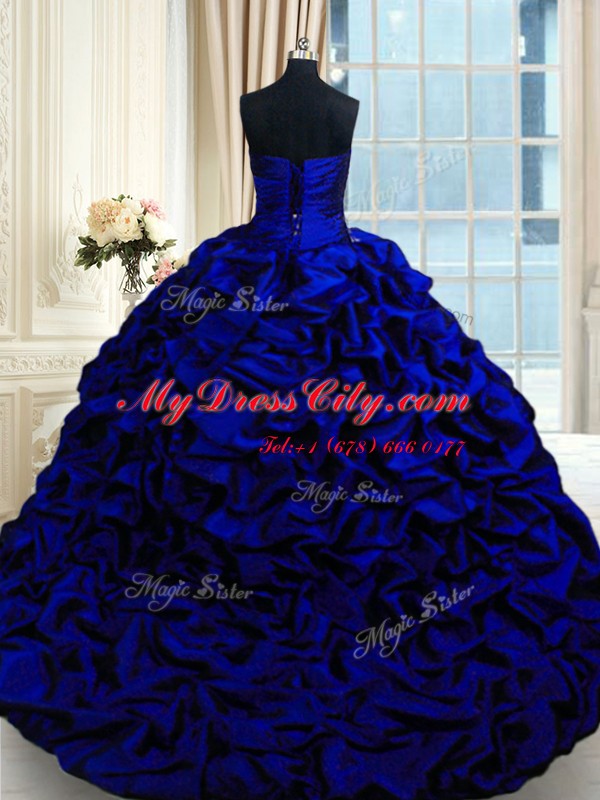 Custom Fit Royal Blue Lace Up Quinceanera Dress Beading and Appliques and Pick Ups Sleeveless Brush Train