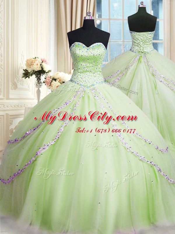 Tulle Sleeveless With Train Quinceanera Dresses Court Train and Beading and Appliques