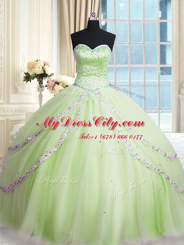 Tulle Sleeveless With Train Quinceanera Dresses Court Train and Beading and Appliques