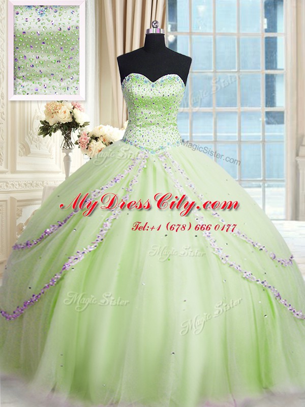 Tulle Sleeveless With Train Quinceanera Dresses Court Train and Beading and Appliques