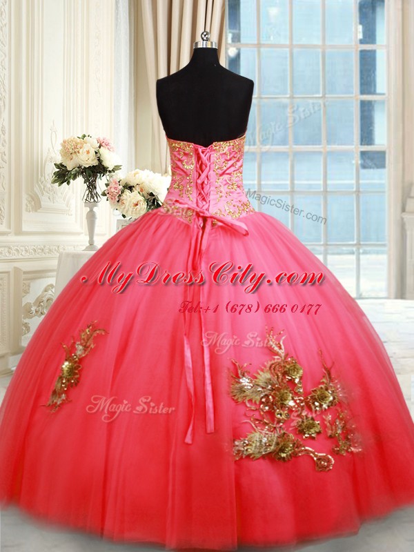 Coral Red Sleeveless Tulle Lace Up Sweet 16 Dresses for Military Ball and Sweet 16