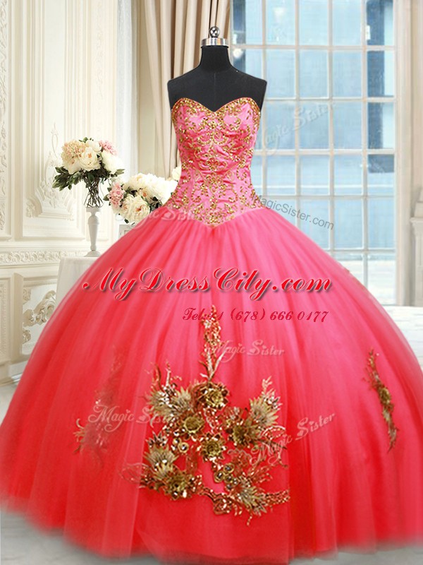 Coral Red Sleeveless Tulle Lace Up Sweet 16 Dresses for Military Ball and Sweet 16