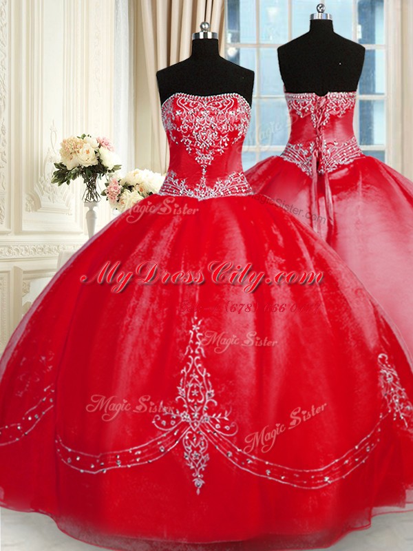 Sophisticated Sleeveless Tulle Floor Length Lace Up Quinceanera Dress in Red with Beading and Embroidery