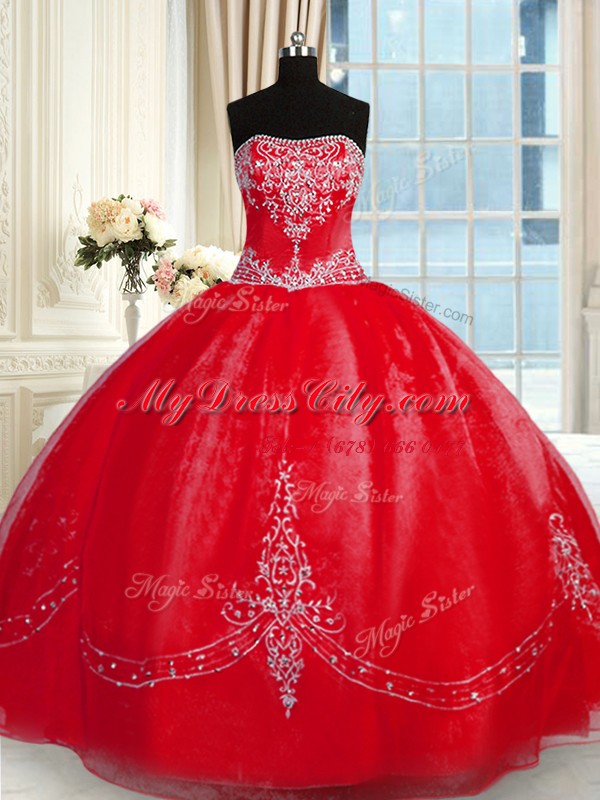 Sophisticated Sleeveless Tulle Floor Length Lace Up Quinceanera Dress in Red with Beading and Embroidery