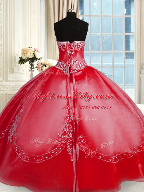 Sophisticated Sleeveless Tulle Floor Length Lace Up Quinceanera Dress in Red with Beading and Embroidery