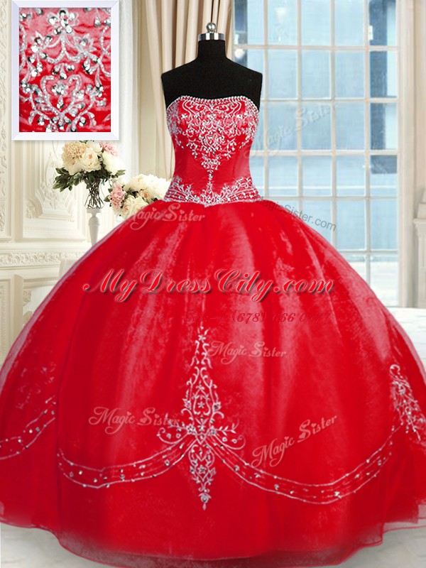 Sophisticated Sleeveless Tulle Floor Length Lace Up Quinceanera Dress in Red with Beading and Embroidery