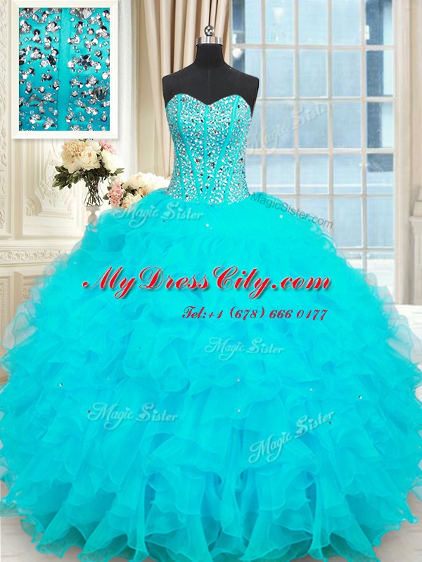 Strapless Sleeveless Organza Ball Gown Prom Dress Beading and Ruffles Lace Up