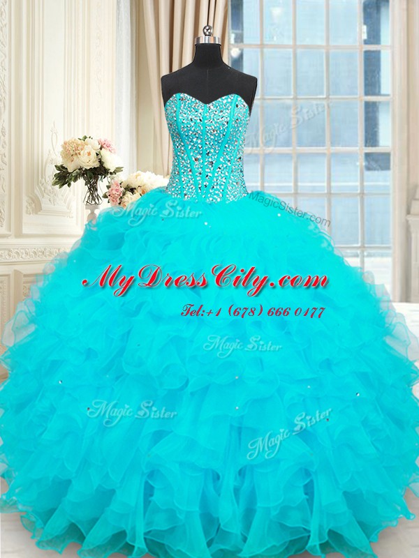 Strapless Sleeveless Organza Ball Gown Prom Dress Beading and Ruffles Lace Up