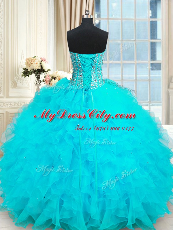 Strapless Sleeveless Organza Ball Gown Prom Dress Beading and Ruffles Lace Up