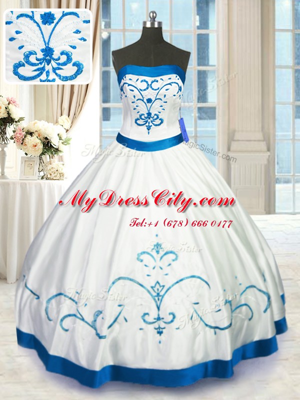 Admirable White Ball Gowns Strapless Sleeveless Satin Floor Length Lace Up Beading and Embroidery Sweet 16 Quinceanera Dress