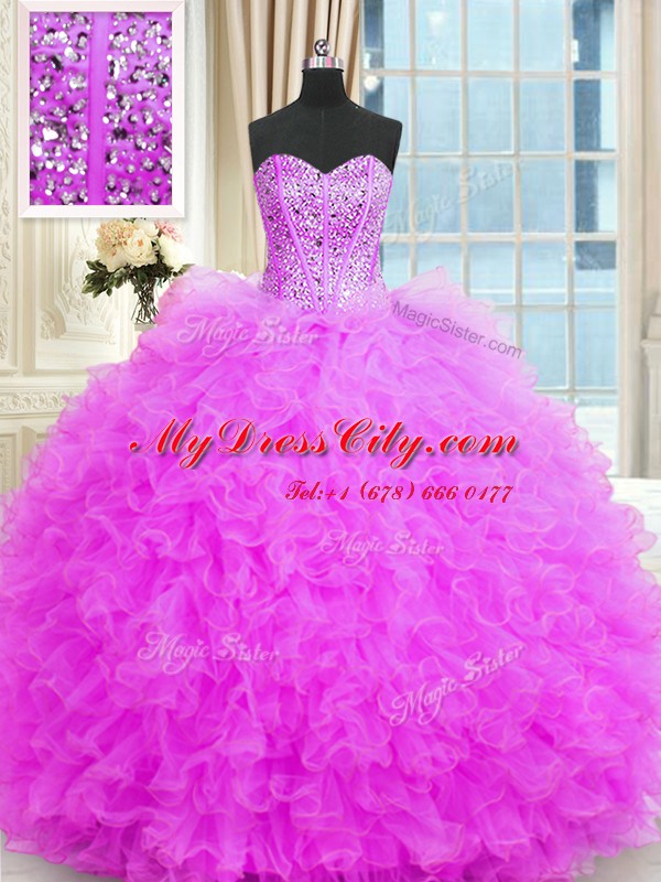 Lilac Tulle Lace Up Strapless Sleeveless Floor Length Ball Gown Prom Dress Beading and Ruffles