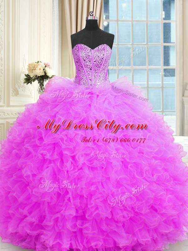 Lilac Tulle Lace Up Strapless Sleeveless Floor Length Ball Gown Prom Dress Beading and Ruffles