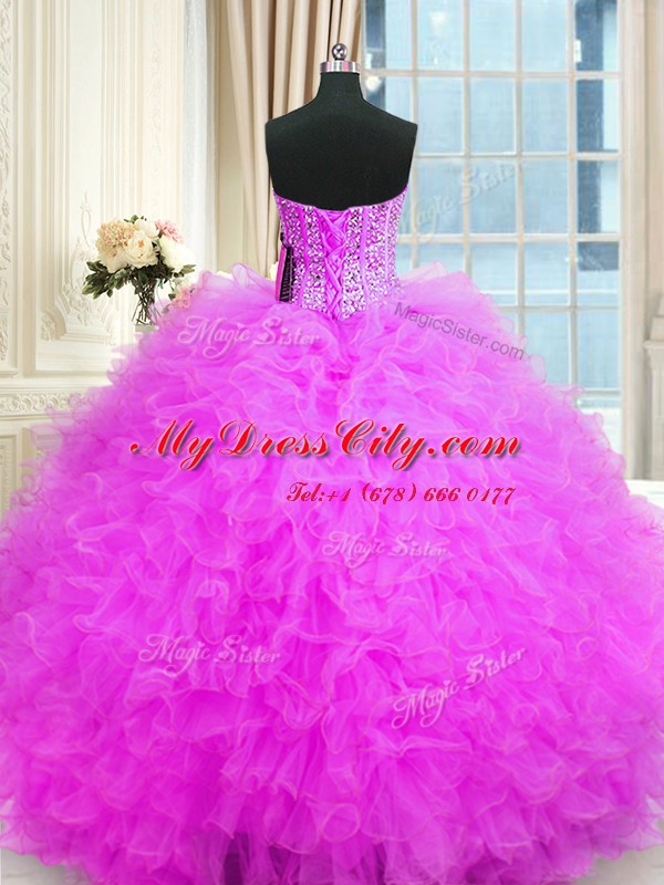 Lilac Tulle Lace Up Strapless Sleeveless Floor Length Ball Gown Prom Dress Beading and Ruffles