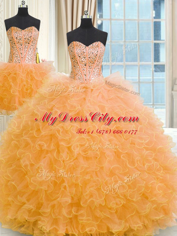 Three Piece Tulle Sleeveless Floor Length Sweet 16 Dress and Beading and Ruffles