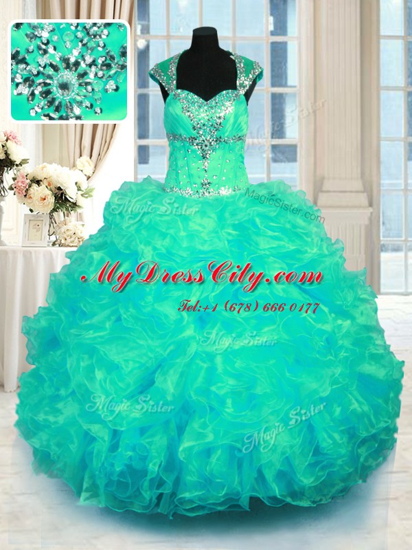 Flirting Turquoise Cap Sleeves Floor Length Beading and Ruffles Lace Up Quince Ball Gowns