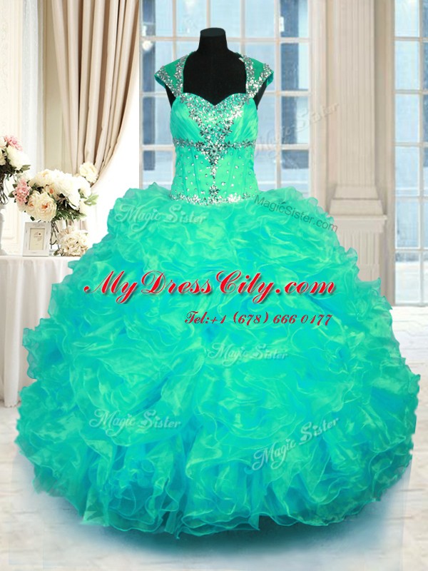 Flirting Turquoise Cap Sleeves Floor Length Beading and Ruffles Lace Up Quince Ball Gowns