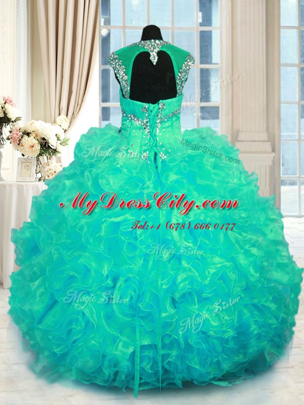 Flirting Turquoise Cap Sleeves Floor Length Beading and Ruffles Lace Up Quince Ball Gowns