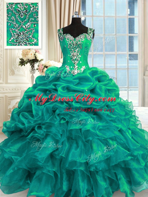 Turquoise Ball Gowns Straps Sleeveless Organza Floor Length Lace Up Beading and Ruffles and Pick Ups Quinceanera Gowns