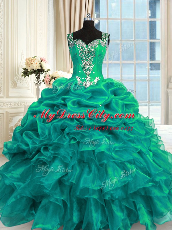 Turquoise Ball Gowns Straps Sleeveless Organza Floor Length Lace Up Beading and Ruffles and Pick Ups Quinceanera Gowns