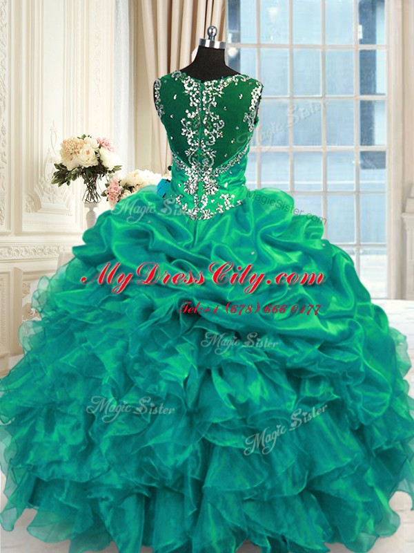 Turquoise Ball Gowns Straps Sleeveless Organza Floor Length Lace Up Beading and Ruffles and Pick Ups Quinceanera Gowns