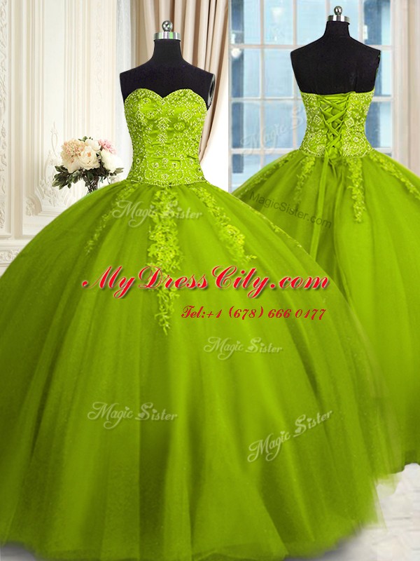 Romantic Sleeveless Tulle Floor Length Lace Up Ball Gown Prom Dress in Olive Green with Embroidery