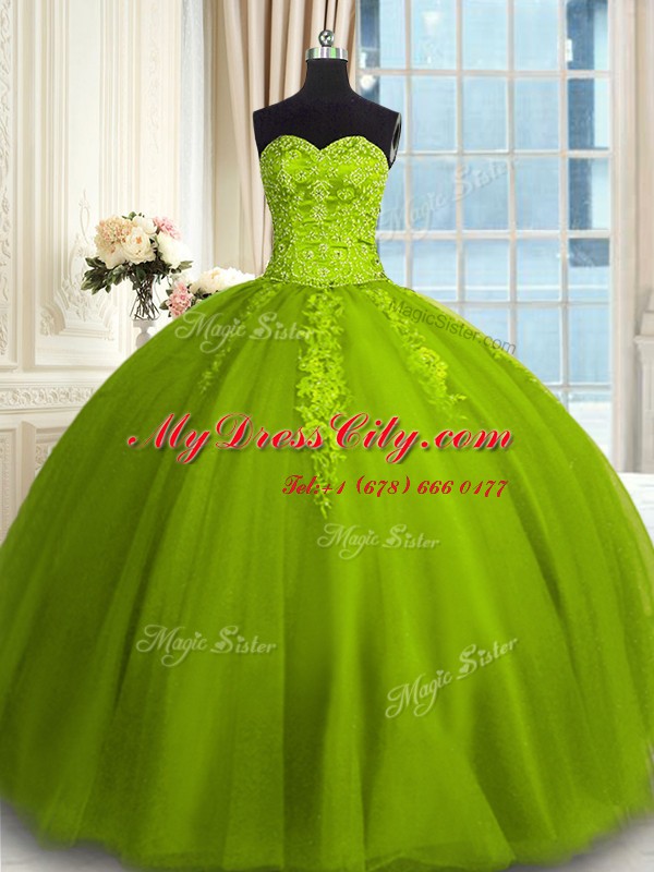 Romantic Sleeveless Tulle Floor Length Lace Up Ball Gown Prom Dress in Olive Green with Embroidery