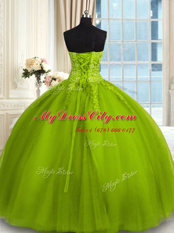 Romantic Sleeveless Tulle Floor Length Lace Up Ball Gown Prom Dress in Olive Green with Embroidery