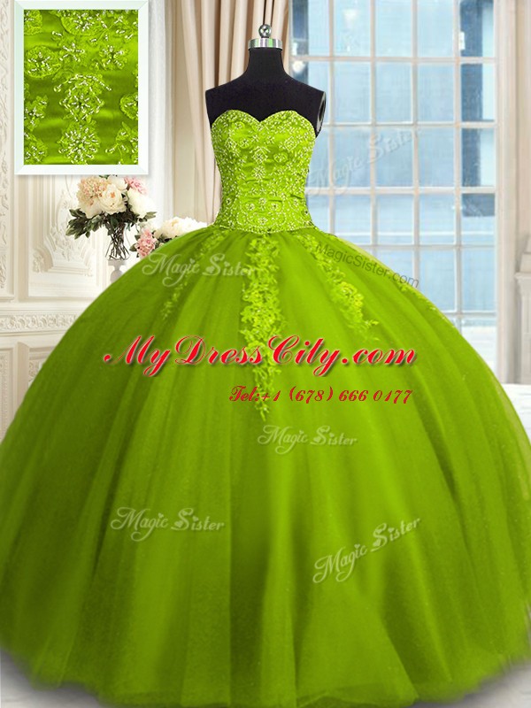 Romantic Sleeveless Tulle Floor Length Lace Up Ball Gown Prom Dress in Olive Green with Embroidery