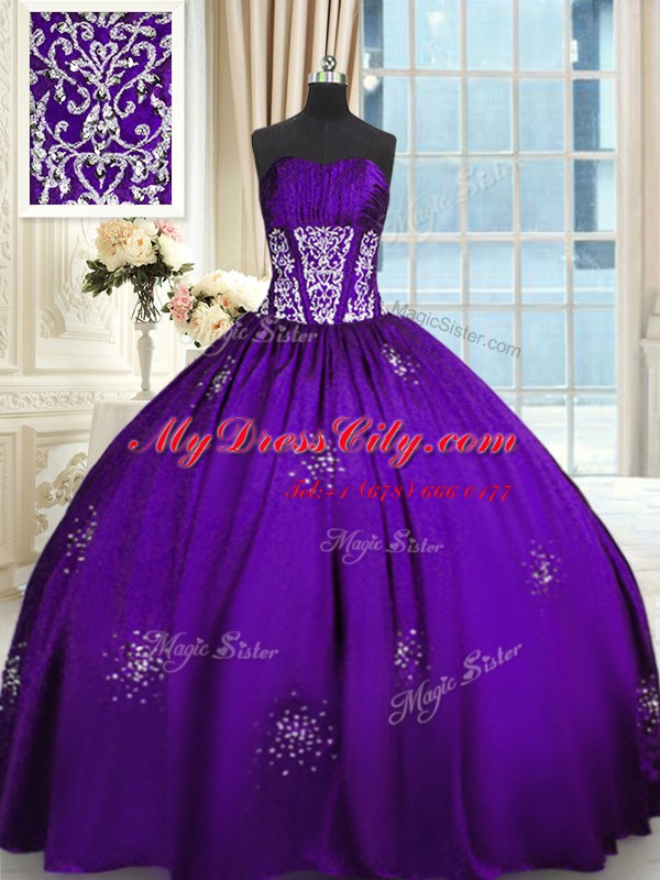 Adorable Purple Ball Gowns Sweetheart Sleeveless Taffeta Floor Length Lace Up Beading and Appliques and Ruching 15th Birthday Dress