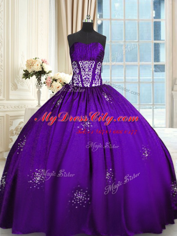 Adorable Purple Ball Gowns Sweetheart Sleeveless Taffeta Floor Length Lace Up Beading and Appliques and Ruching 15th Birthday Dress