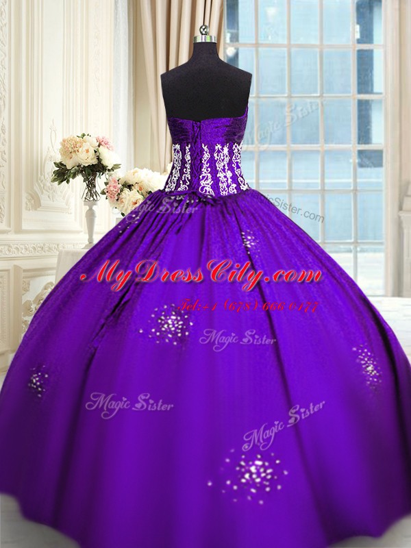 Adorable Purple Ball Gowns Sweetheart Sleeveless Taffeta Floor Length Lace Up Beading and Appliques and Ruching 15th Birthday Dress