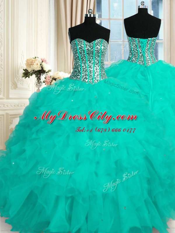 Sleeveless Organza Floor Length Lace Up Quinceanera Dress in Aqua Blue with Beading and Ruffles