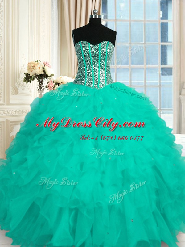 Sleeveless Organza Floor Length Lace Up Quinceanera Dress in Aqua Blue with Beading and Ruffles