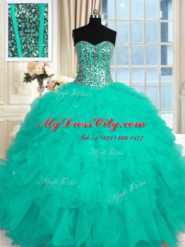 Sleeveless Organza Floor Length Lace Up Quinceanera Dress in Aqua Blue with Beading and Ruffles