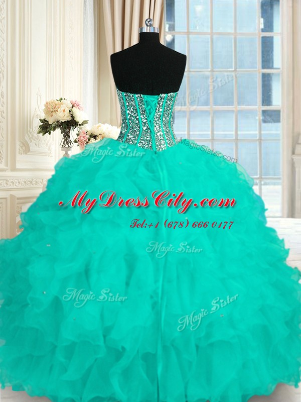 Sleeveless Organza Floor Length Lace Up Quinceanera Dress in Aqua Blue with Beading and Ruffles