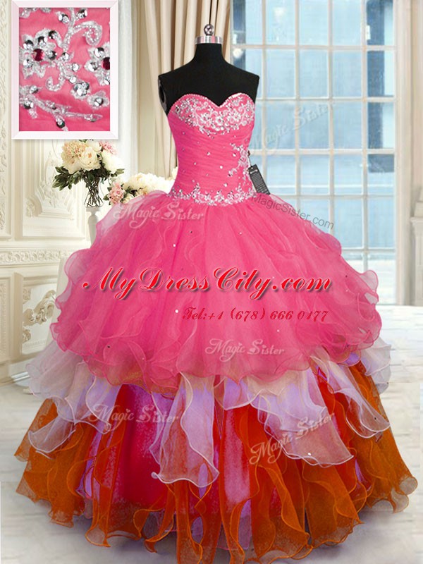 Simple Beading and Ruffles Vestidos de Quinceanera Multi-color Lace Up Sleeveless Floor Length