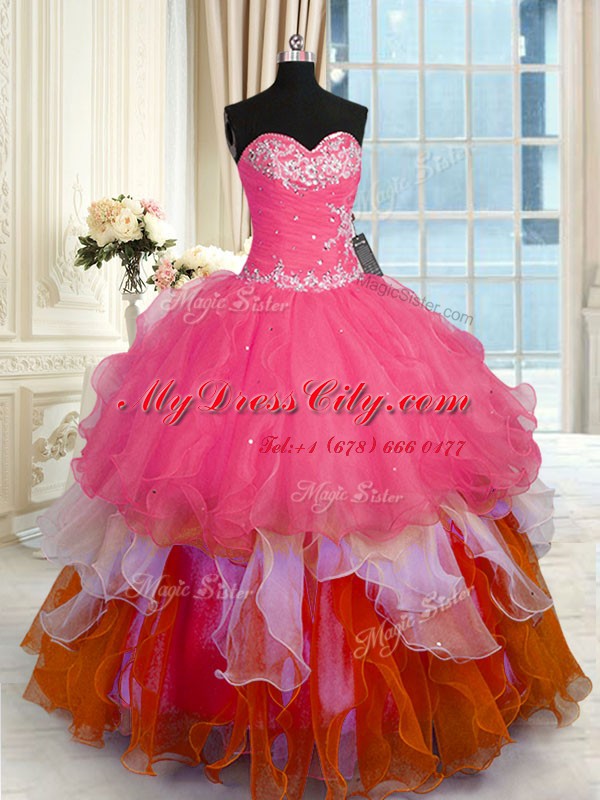 Simple Beading and Ruffles Vestidos de Quinceanera Multi-color Lace Up Sleeveless Floor Length