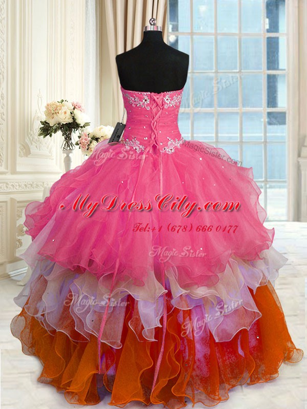 Simple Beading and Ruffles Vestidos de Quinceanera Multi-color Lace Up Sleeveless Floor Length