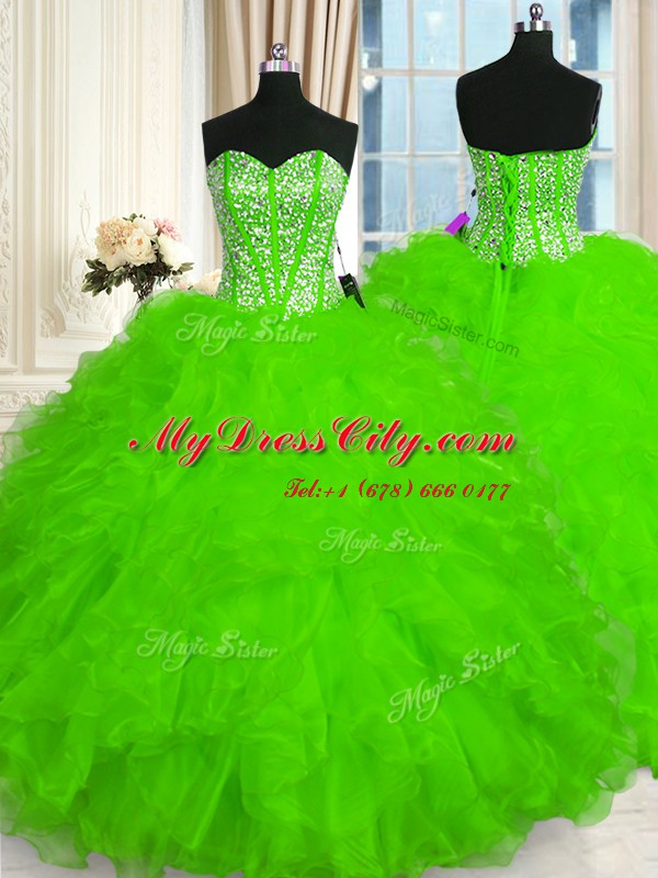 Sweetheart Sleeveless Organza Quince Ball Gowns Beading and Ruffles Lace Up