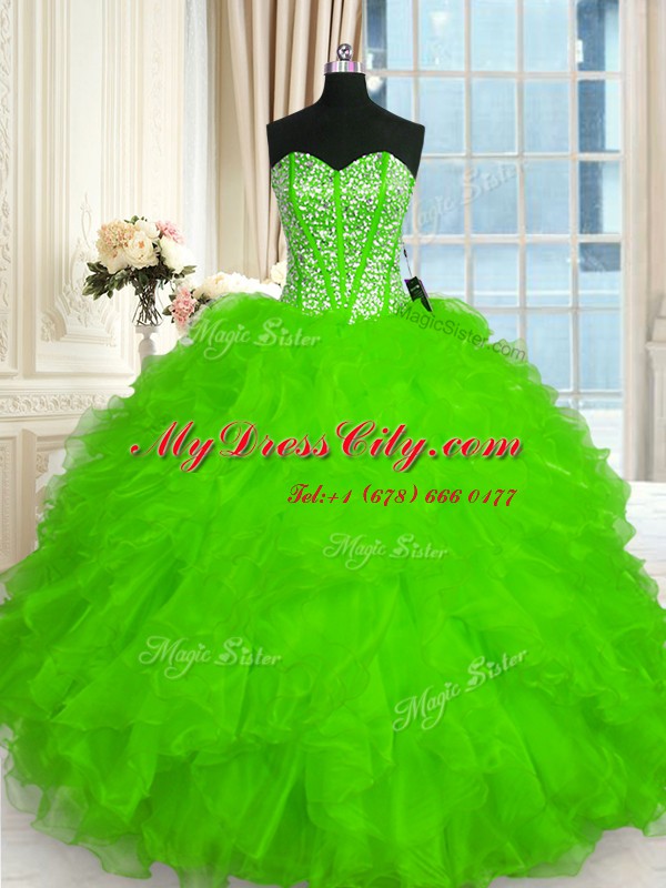 Sweetheart Sleeveless Organza Quince Ball Gowns Beading and Ruffles Lace Up