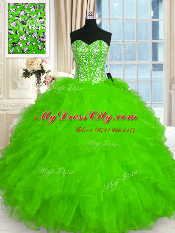 Sweetheart Sleeveless Organza Quince Ball Gowns Beading and Ruffles Lace Up