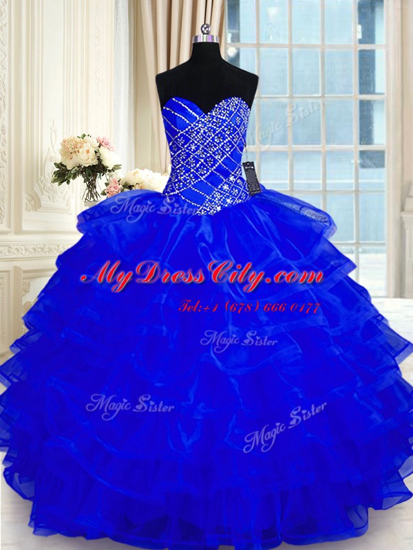 Traditional Royal Blue Sweetheart Lace Up Beading and Ruffled Layers Sweet 16 Dresses Sleeveless